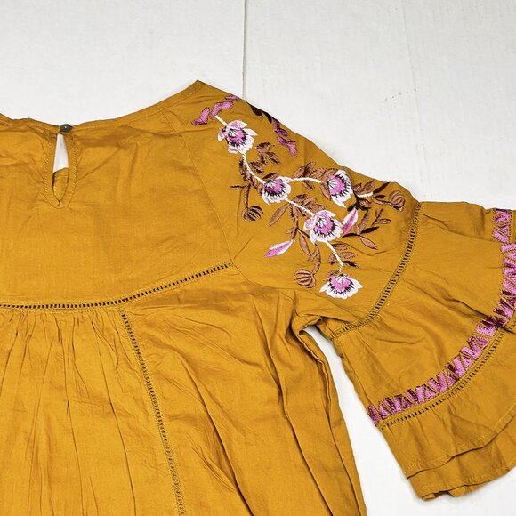 Free People Pavlo Embroidered Floral Ruffled Babydoll Tunic Goldenrod Sz S - NWT - Picture 5 of 11